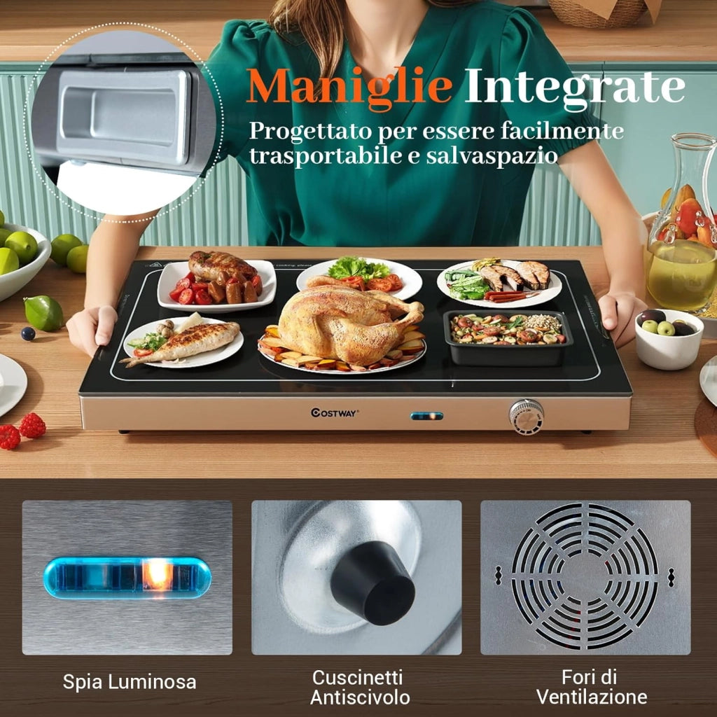COSTWAY Vassoio Riscaldante Elettrico, con Temperatura Regolabile, Scaldavivande in Vetro Temperato con Termostato per Buffet, Feste ed Eventi, 50 x 29 cm