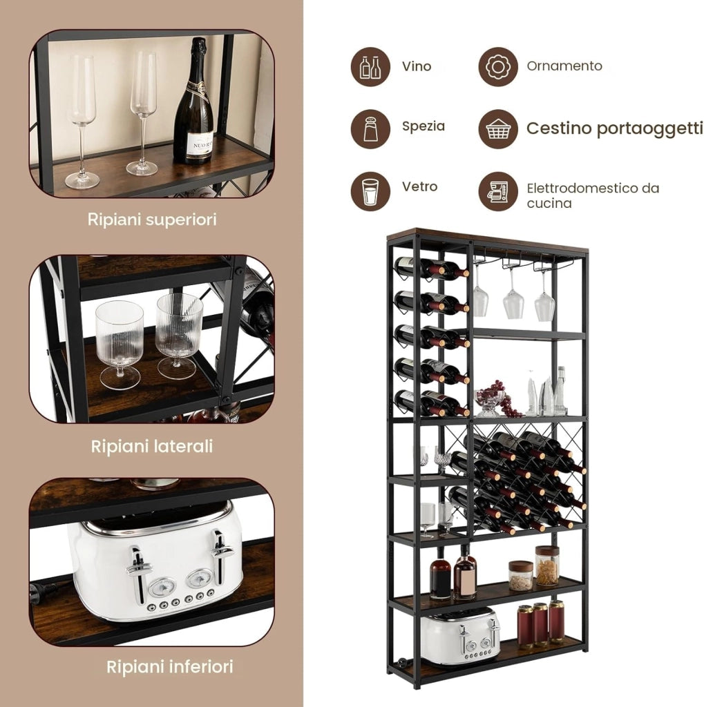 Scaffale da Cucina con 27 Bottiglie, Scaffale per Vino con 7 Livelli di Ripiani e 3 File di Portabicchieri, Scaffalatura in Legno, Mobile Porta Microonde per Sala da Pranzo, 81 x 23 x 166 cm