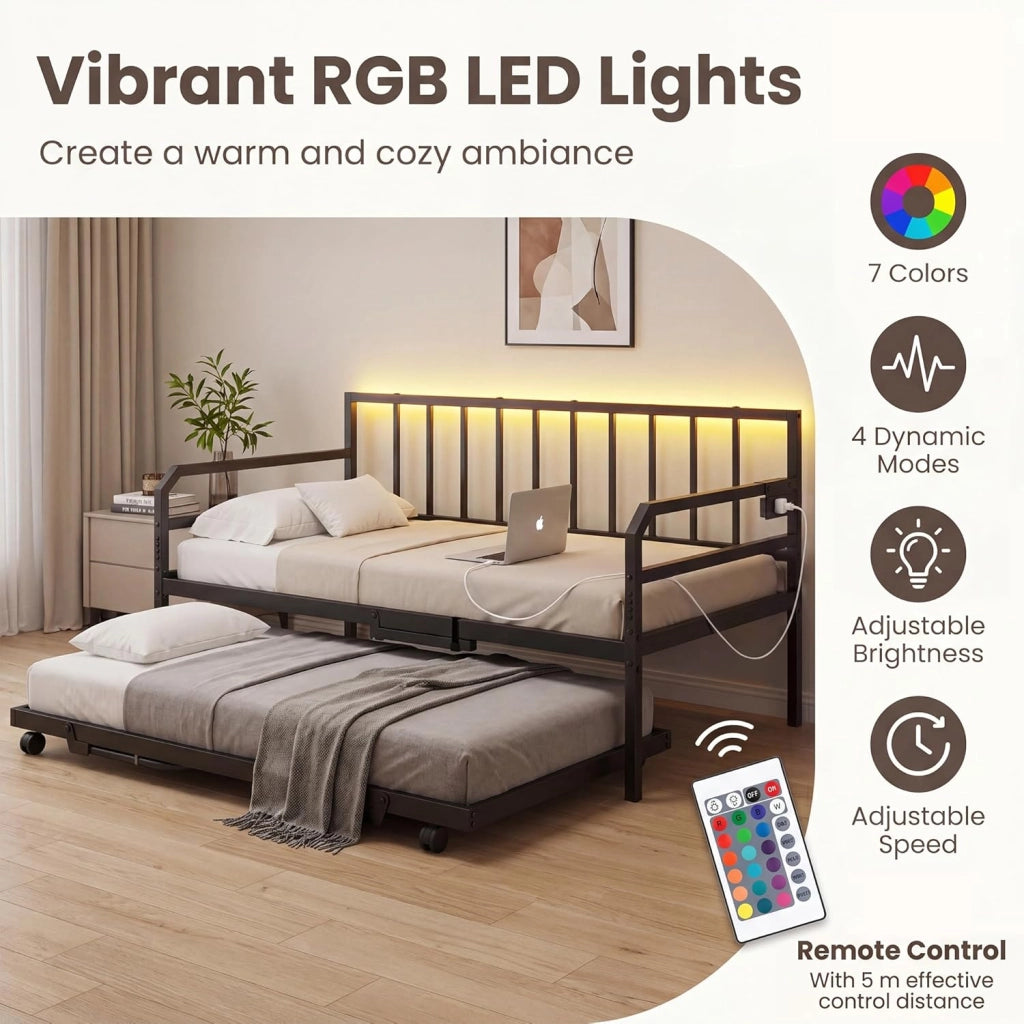 Struttura per divano letto estensibile a 2 posti, 90 x 200 cm, letto estraibile in metallo con luci a LED, stazione di ricarica, doghe resistenti, per soggiorno, camera da letto