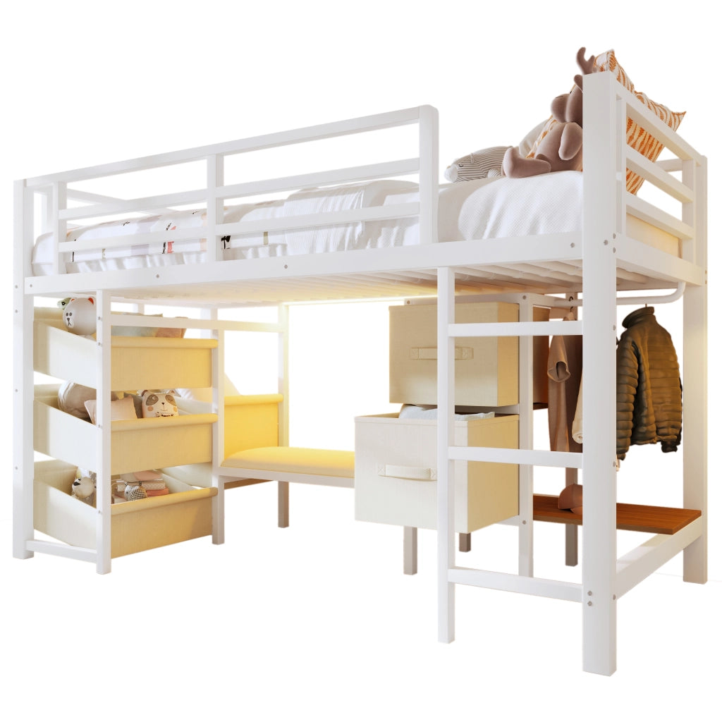 LETTO Semialto 90x200 cm Metallo Bianco con cuscino e contenitori in tessuto
