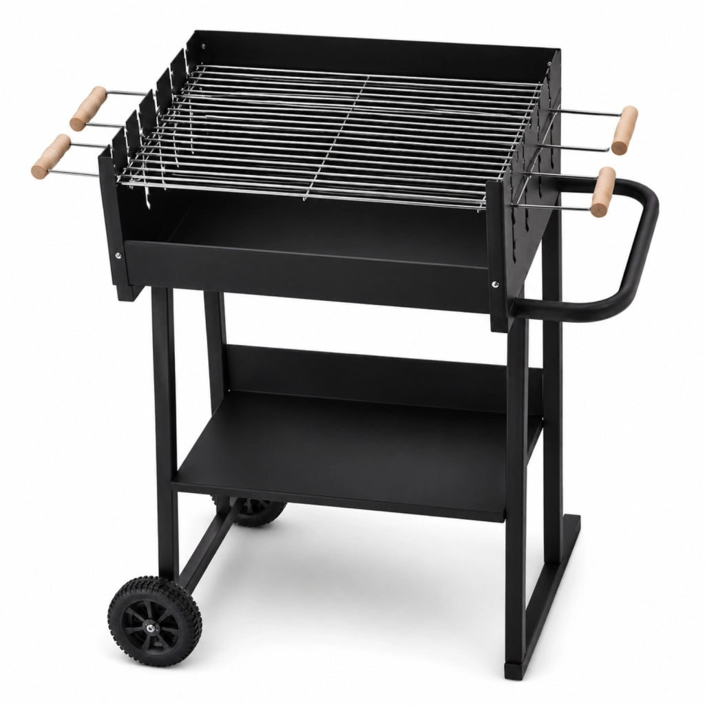 BBQ Grill A Carbone Con Griglia Regolabile Su Più Livelli Struttura In Acciaio Termico Piano Portaoggetti Integrato E Ruote Per Esterno Giardino Campeggio E Outdoor Cooking 87 x 52 x 90 Cm Nero