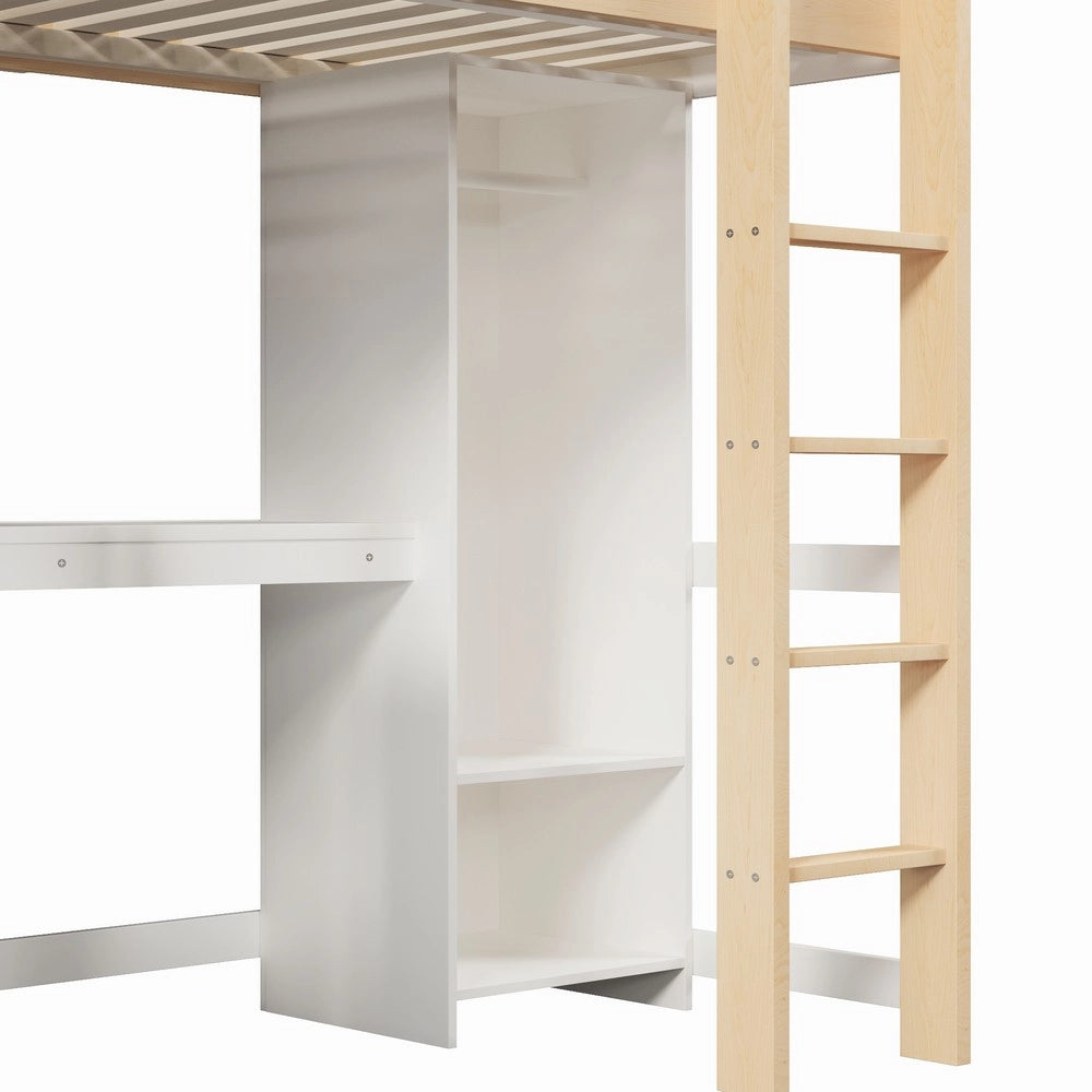 Letto a Soppalco con Scrivania e Armadio ¨C Xylo ¨C 90x200, Ripiani, Naturale