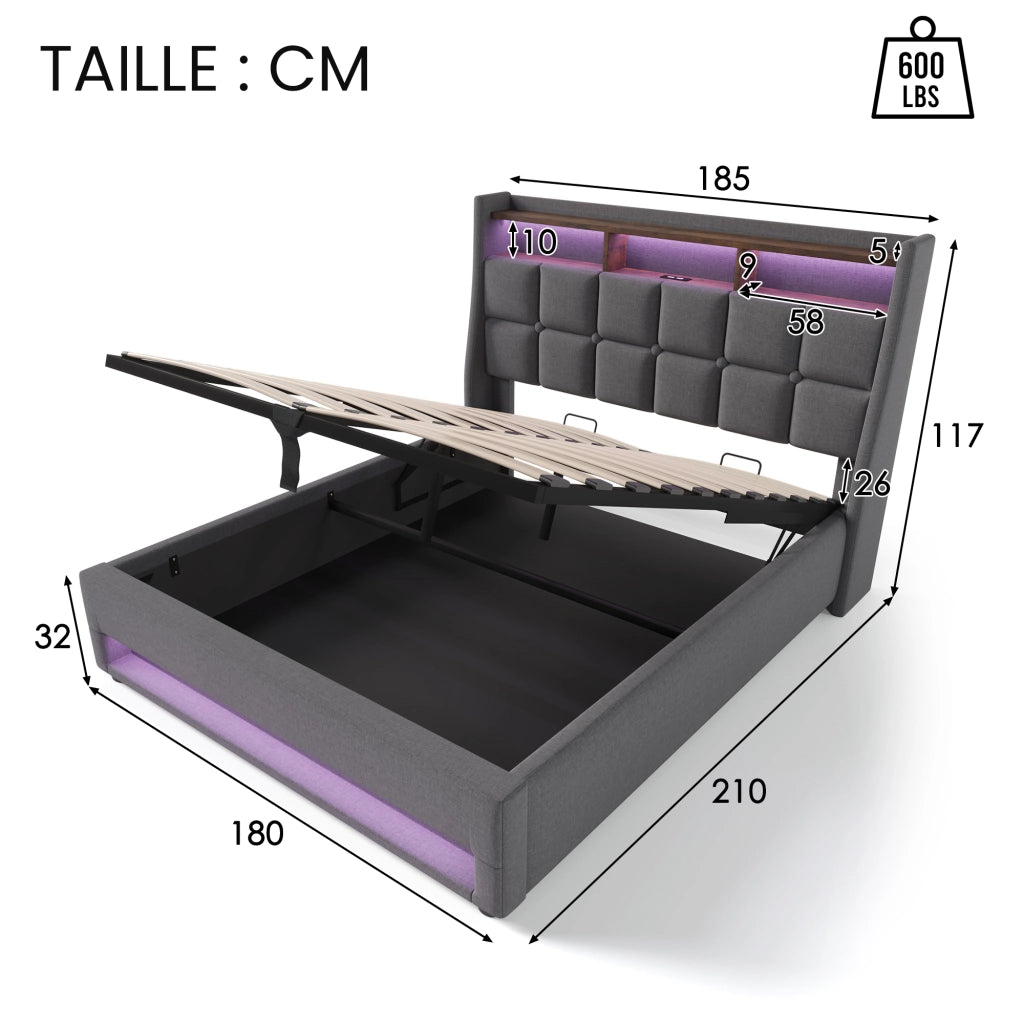 OKWISH Letto Contenitore 180×200 cm, Letto Matrimoniale con USB, LED Regolabile e Vano Contenitore, senza Materasso, in Lino, Grigio