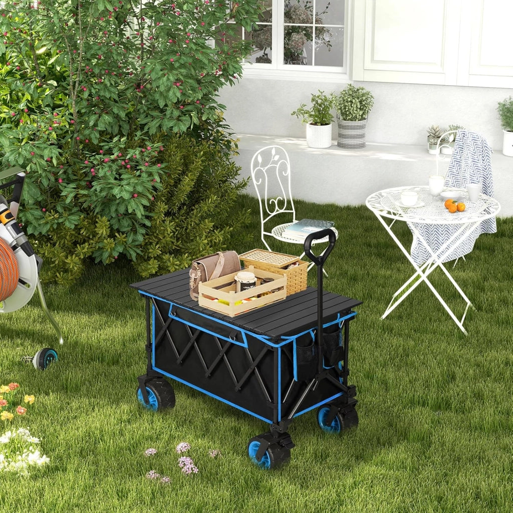 Carrello Pieghevole con Ruote da Spiaggia con Piano e Maniglia, Carrello da Giardino, Campeggio, Spesa, Borsa di Trasporto, Oxford+Acciaio, Nero+Blu