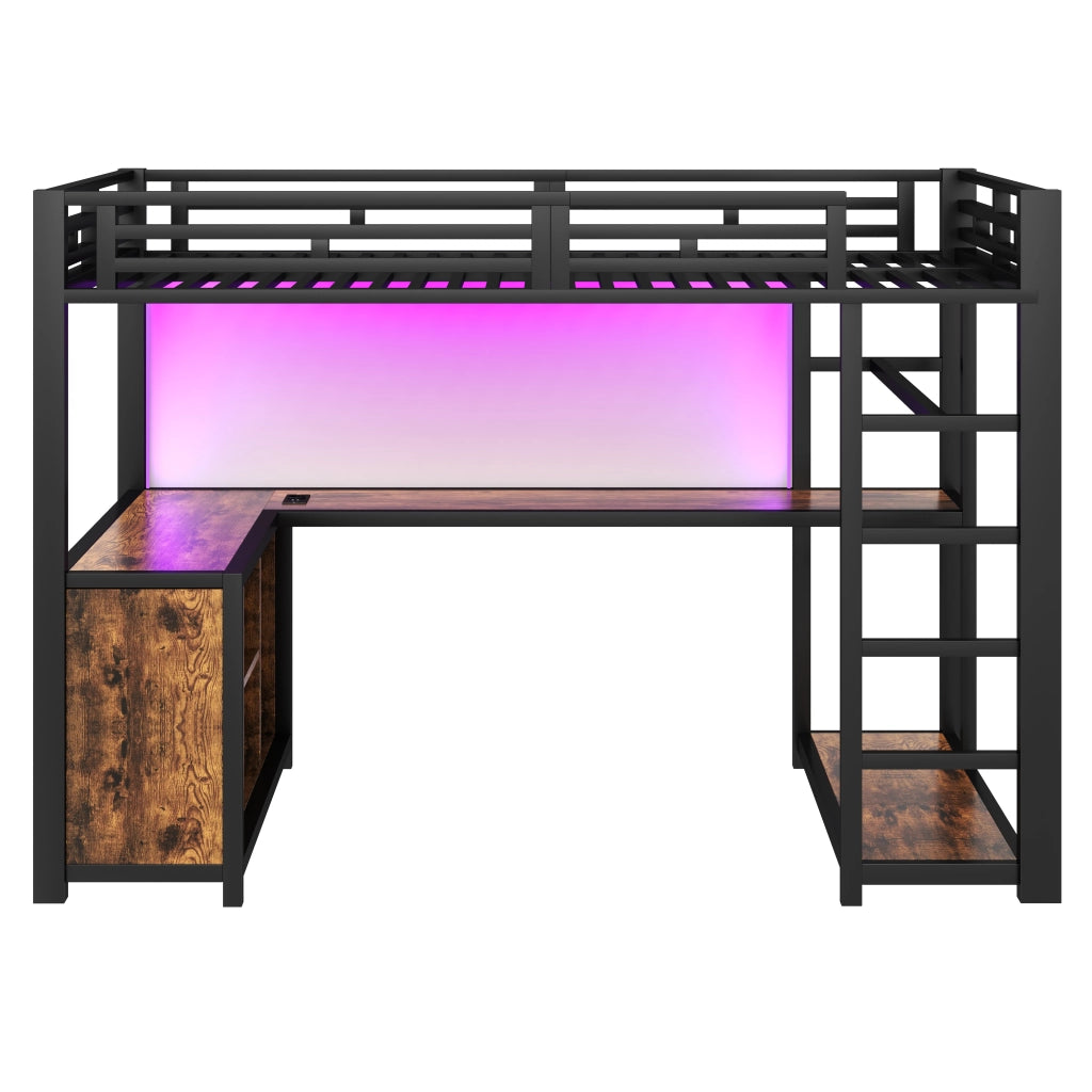 Letto a soppalco 140 × 200 cm con scrivania, LED, stazione di ricarica, armadio aperto, senza materasso, nero