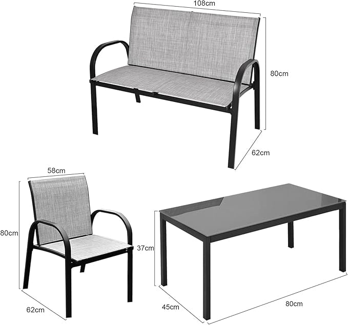 Set da Giardino con 4 Pezzi, Set da Giardino per Chiacchierare, Sedie da Giardino con Tavolino in Vetro, con Struttura Resistente in Ferro, Tessuto a Rete Traspirante (Grigio)