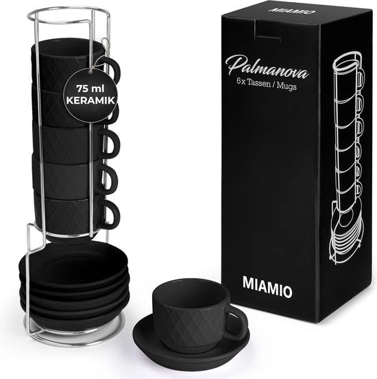 Set di 6 ciotole per espresso in ceramica di alta qualità, 75 ml, con base in pietra naturale - Collezione Palmanova (nero)