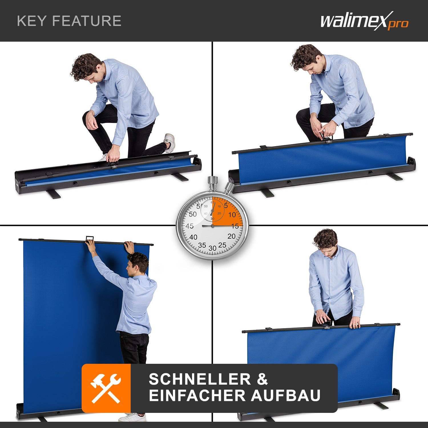 Fondale fotografico a rullo blu 155 x 200 cm, sfondo avvolgibile con supporto, sistema per studi fotografici, pannello ingualcibile per fotografia