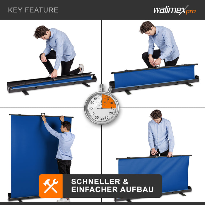 Fondale fotografico a rullo blu 155 x 200 cm, sfondo avvolgibile con supporto, sistema per studi fotografici, pannello ingualcibile per fotografia