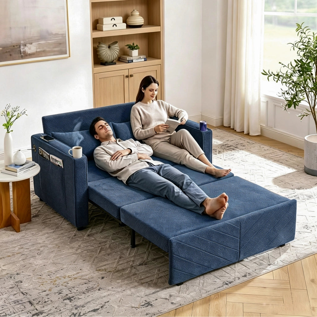 Divano letto 2 posti blu navy 195x134x73 cm 3 in 1 trasformabile con USB