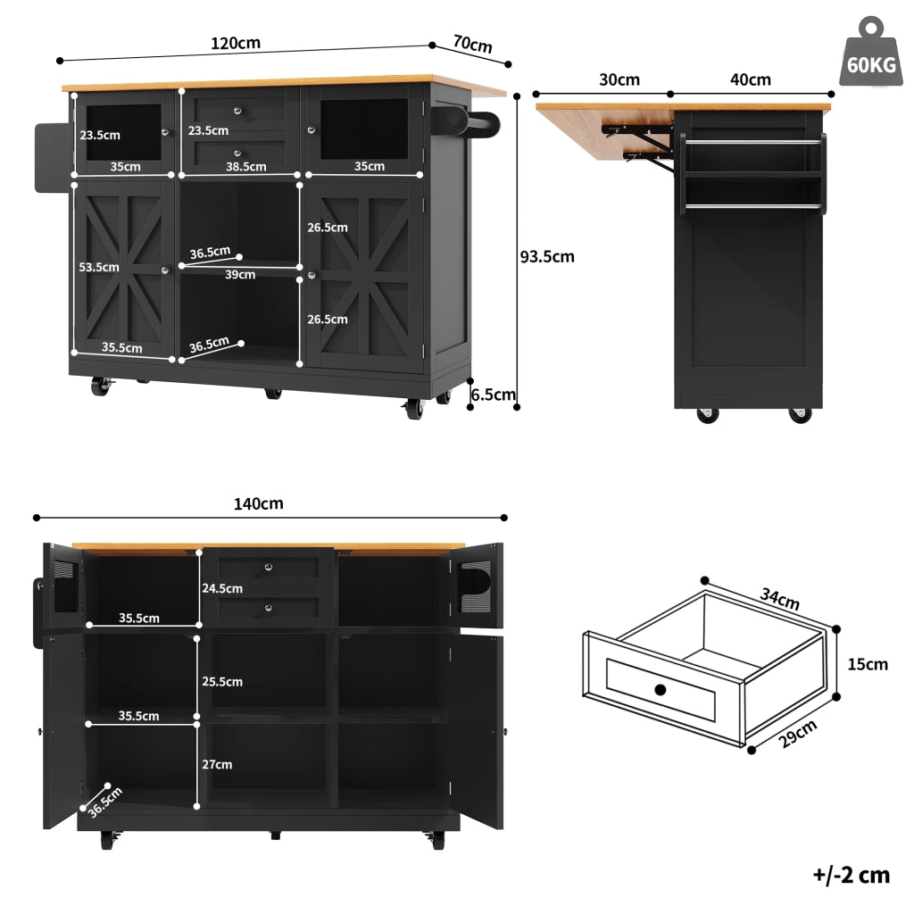 Carrello da Cucina con 2 Ante; 2 Cassetti; Portasciugamani e Ruote; in MDF; Nero; 140 x 40 x 93;5 cm