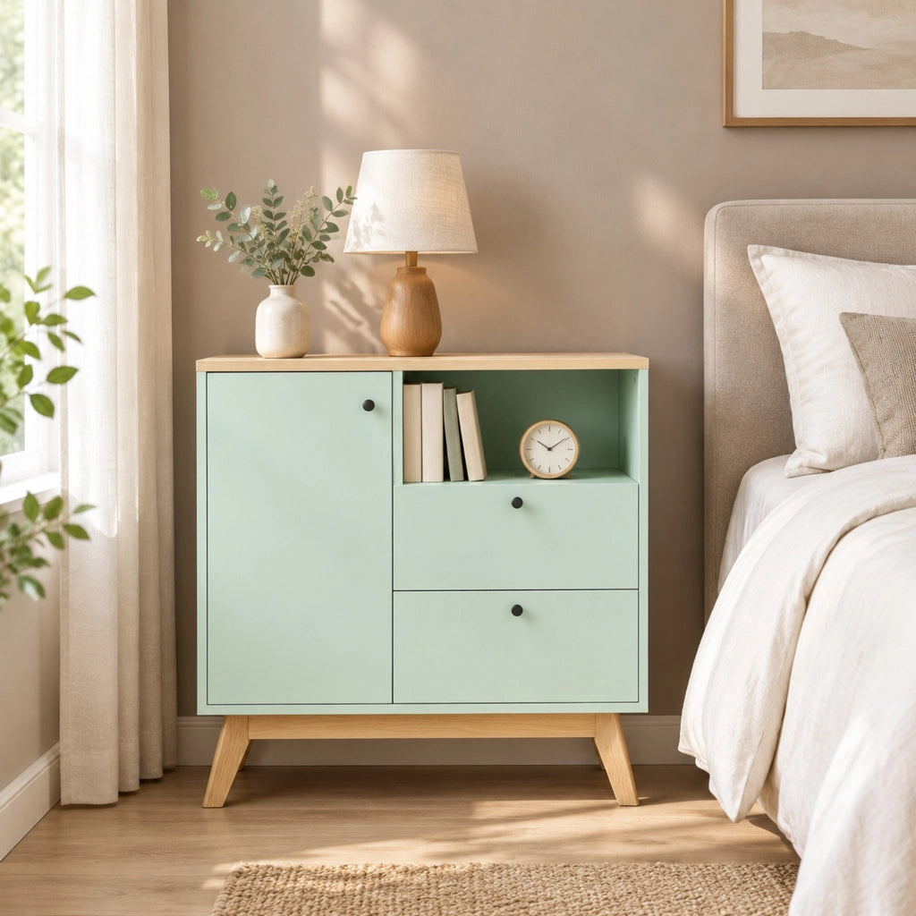 Credenza verde chiaro e rovere con 2 cassetti, anta e vano aperto