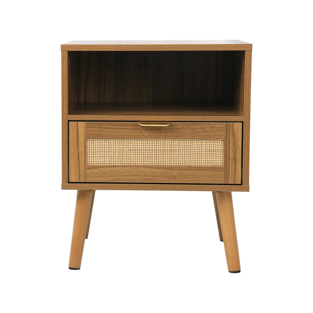 Comodino in stile boho con cassetto e ripiano aperto, effetto noce, 45 x 40 x 55 cm