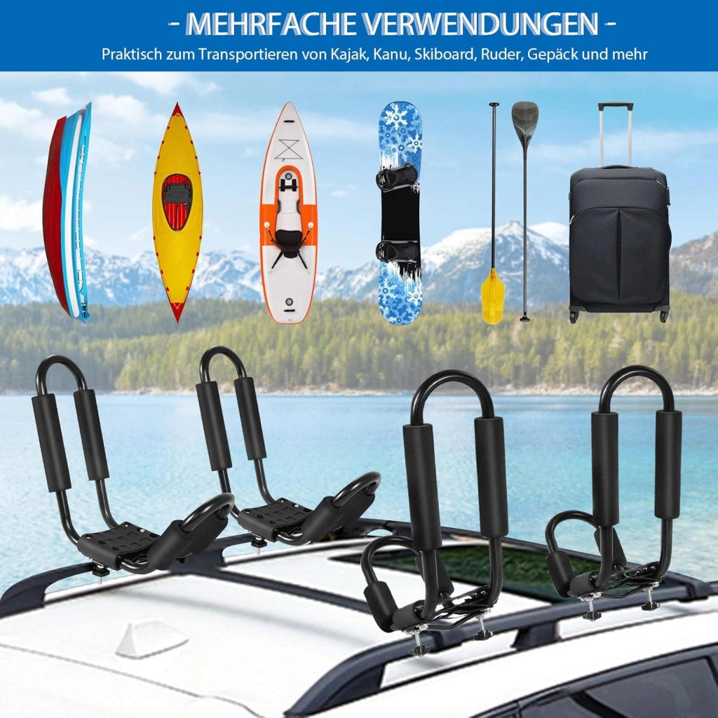 Galleria da tetto universale per kayak 4 pezzi 36 x 20 x 15 cm, porta bagagli auto sicura e stabile a forma di J, imbottitura in schiuma, 4 cinghie, carico 75 kg, per kayak, sci, valigia, nero