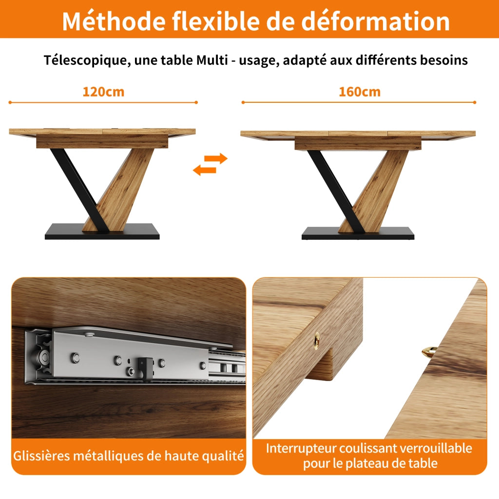 Tavolo allungabile con piano in MDF effetto legno, gambe in metallo, per cucina e soggiorno, 120 × 75 × 75,5 cm