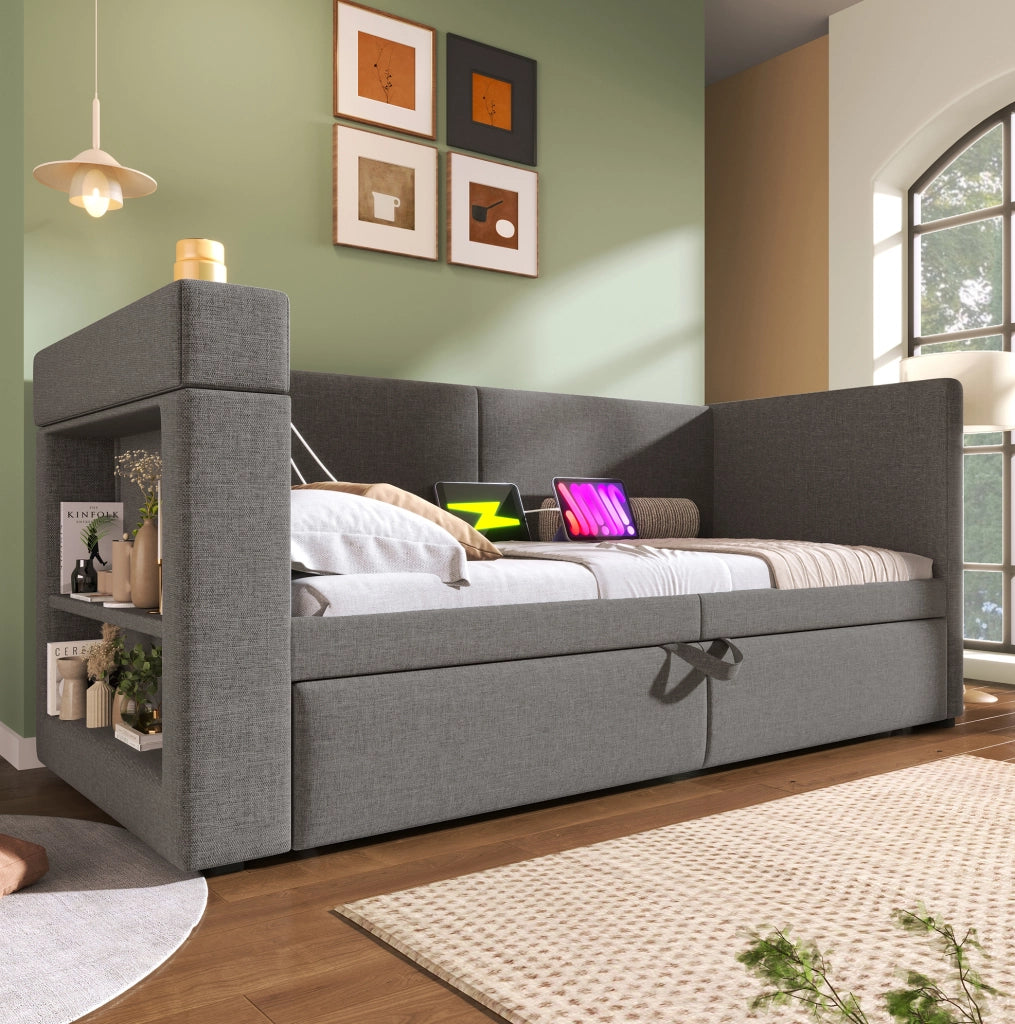 Divano letto con letto estraibile 90x200 cm; braccioli reversibili; USB e Type-C; grigio