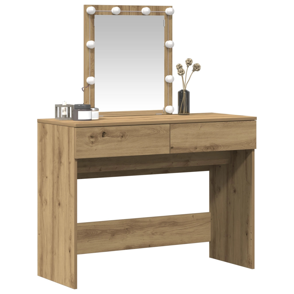 Tavolo da Toeletta con Specchio e LED Finitura Rovere Artigianale in Legno Ingegnerizzato