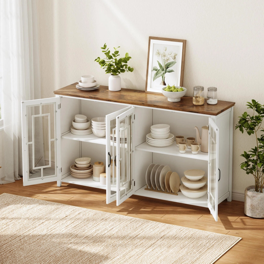 Credenza con 2 ante in vetro e 2 vani contenitore, piano effetto legno per cucina e soggiorno, bianca 160 × 40 × 86 cm