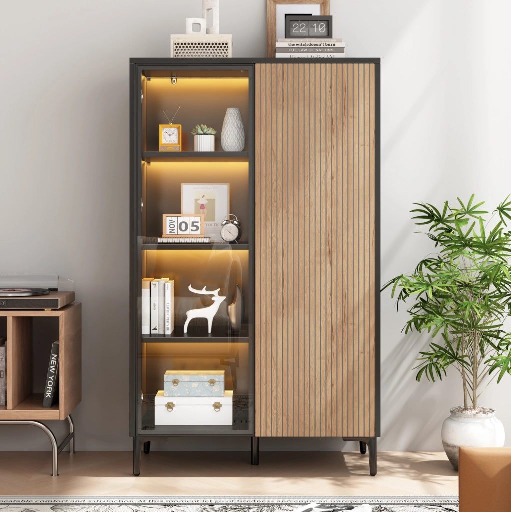 Mobile vetrina alto 90x40x135 cm con LED RGB; 2 ante; MDF nero e naturale