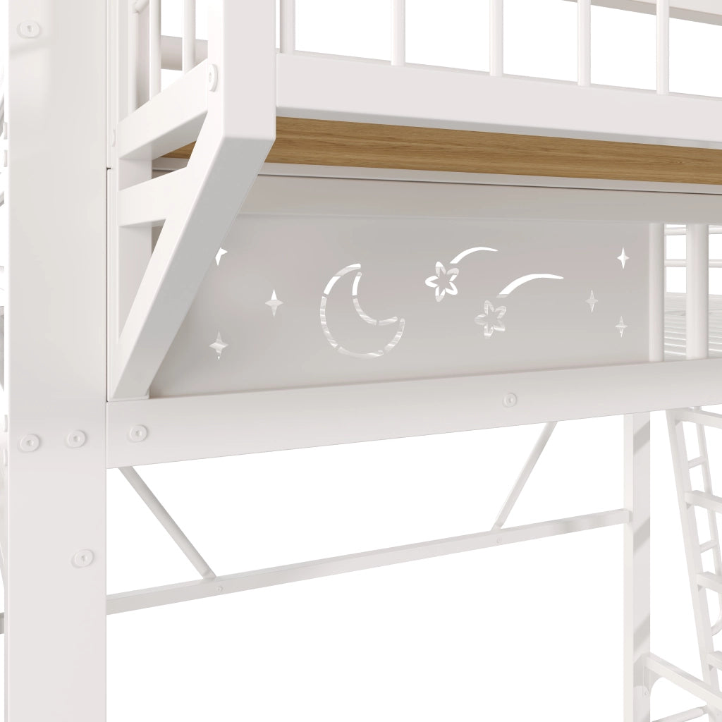 Letto a soppalco per bambini 140x200 cm; in metallo con vani portaoggetti integrati e spazio inferiore aperto; bianco