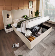 Letto matrimoniale imbottito 180x200 cm in lino beige con lampada da lettura e porta USB/Type-C; contenitore