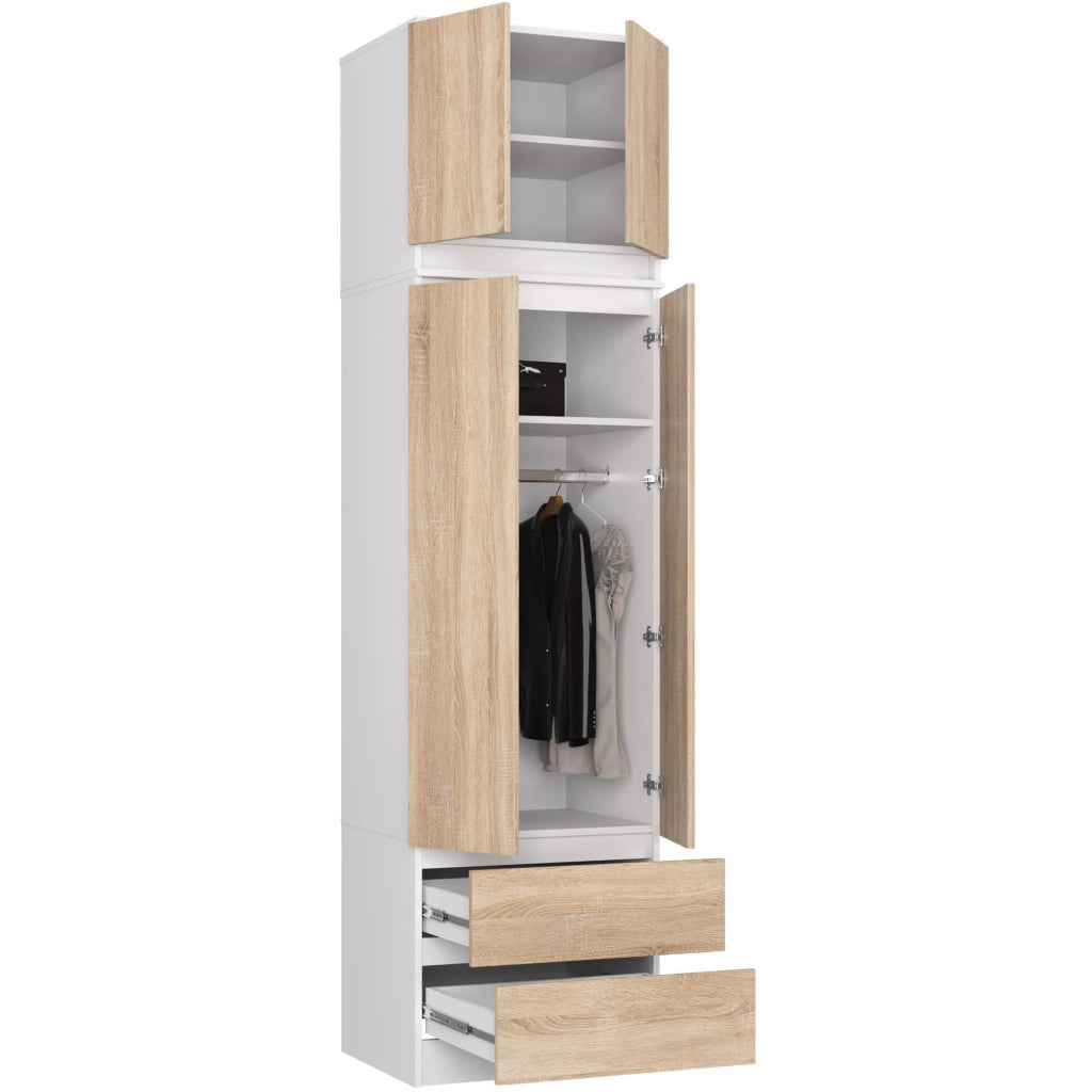Armadio AKORD S60 con sopralzo Bianca 60 cm 2 ante 2 cassetti inserto frontale Sonoma Quercia 60x51x234 cm