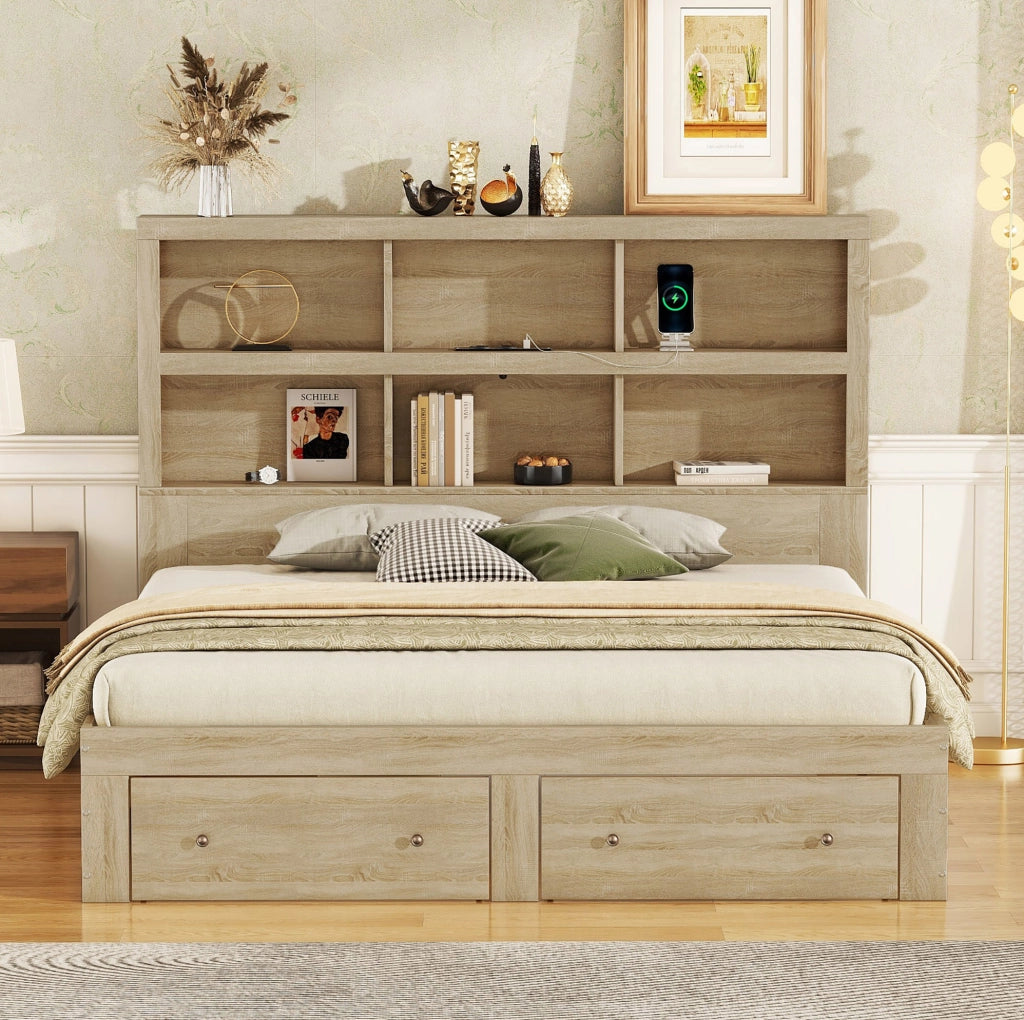 Letto matrimoniale 160x200 cm con USB e contenitore; truciolare; colore naturale