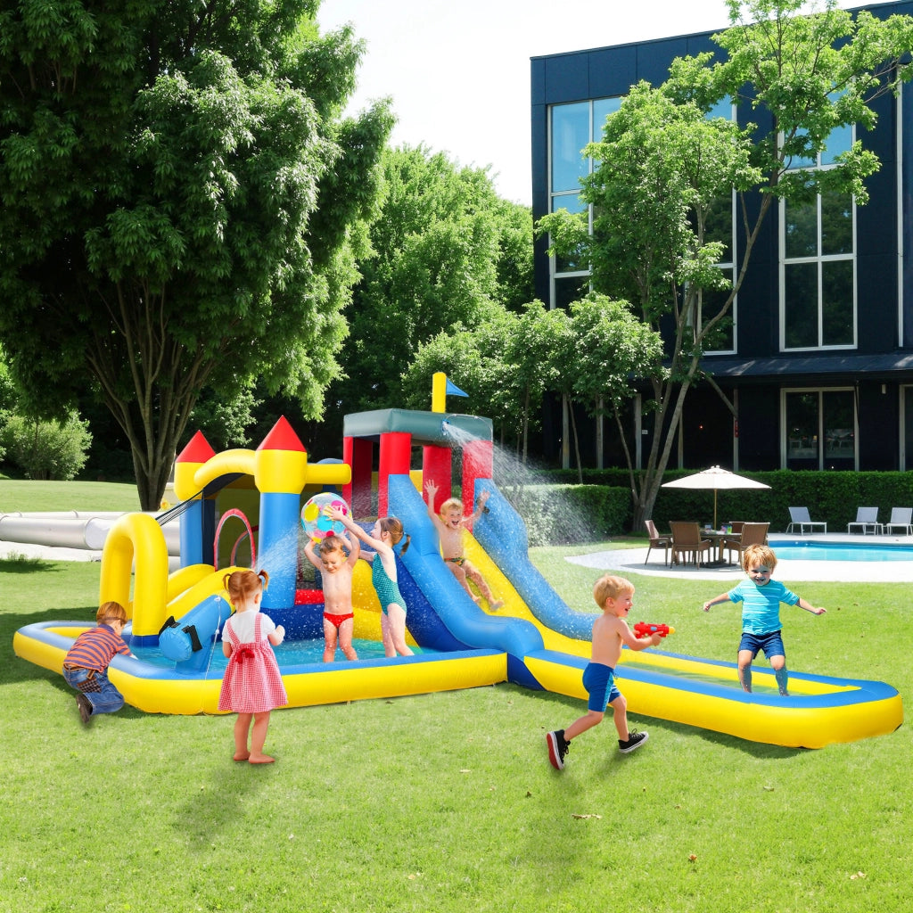 Castello gonfiabile per parco acquatico con scivoli, trampolino, parete arrampicata, cannone e canestro ¨C zephmum ¨C Colore variabile, Materiale PVC, Dimensioni variabili