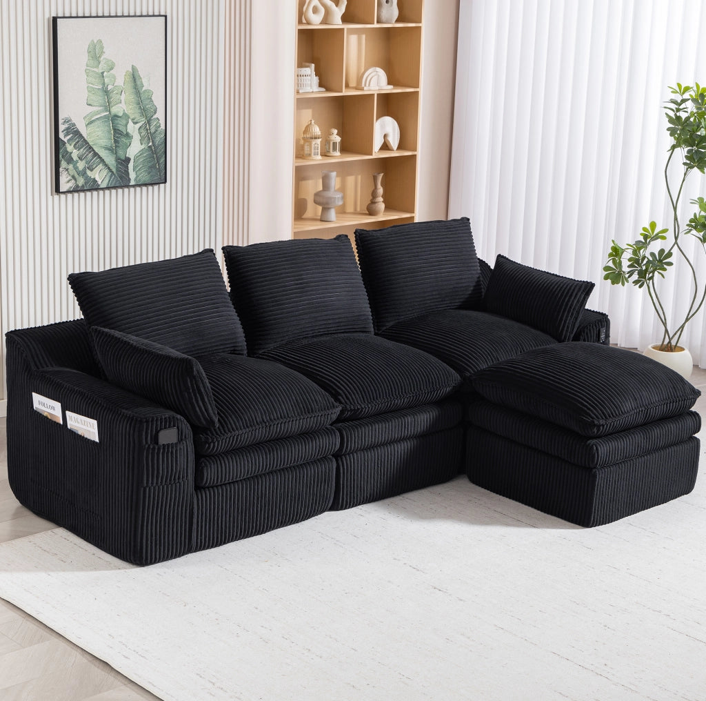 Divano modulare 263x167x85 cm in velluto a coste nero con tasche laterali e cuscini