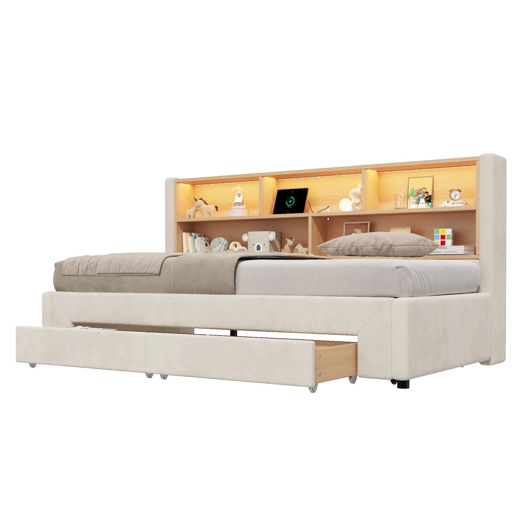 DESMIU Letto a divano 90 × 200 cm 2 posti con cassetti, USB, Type-C e LED, senza materasso, velluto beige