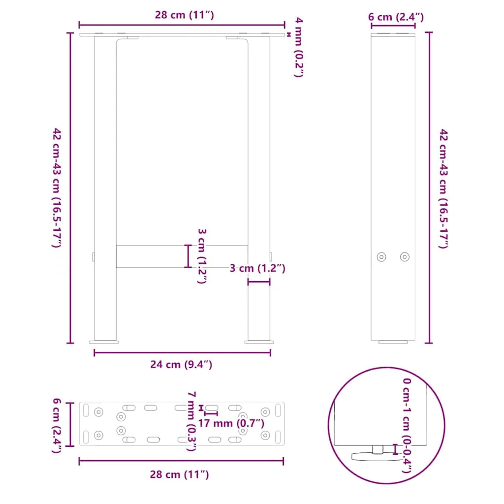 Set di 2 gambe per tavolino da caffè moderne quadrate regolabili 28 x 42-43 cm in acciaio nero 02_0057512