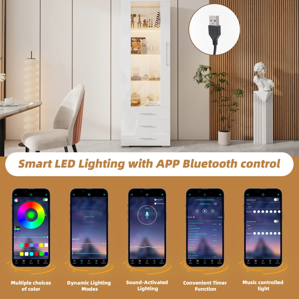 Vetrina bianca lucida con LED, 60x35x180 cm, MDF con porta acrilica e 3 cassetti