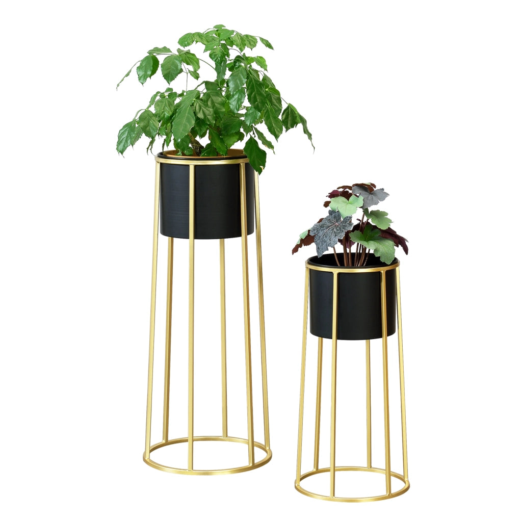 Set di 2 Portavasi in Metallo di Forma Rotonda Supporto in Color Oro per Piante in 2 Altezze Diverse con Coprivaso Nero