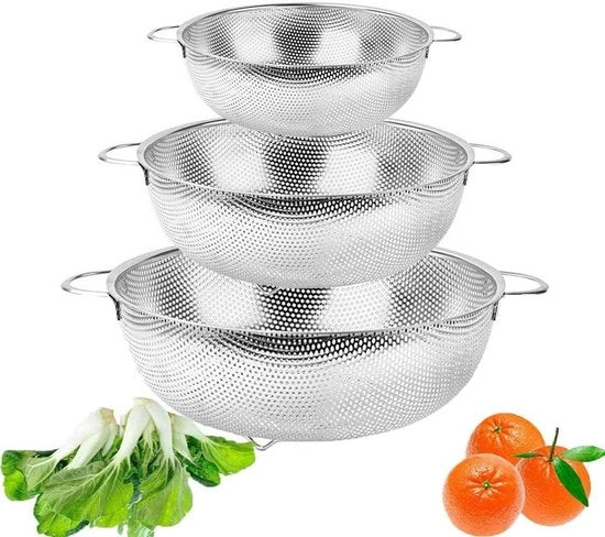 Collezione di 3 set di set di rete microforata - set di rete a mano con maniglie - set di drenaggio in acciaio inossidabile per pasta, verdure, frutta - 165/195/225 cm Drenaggio