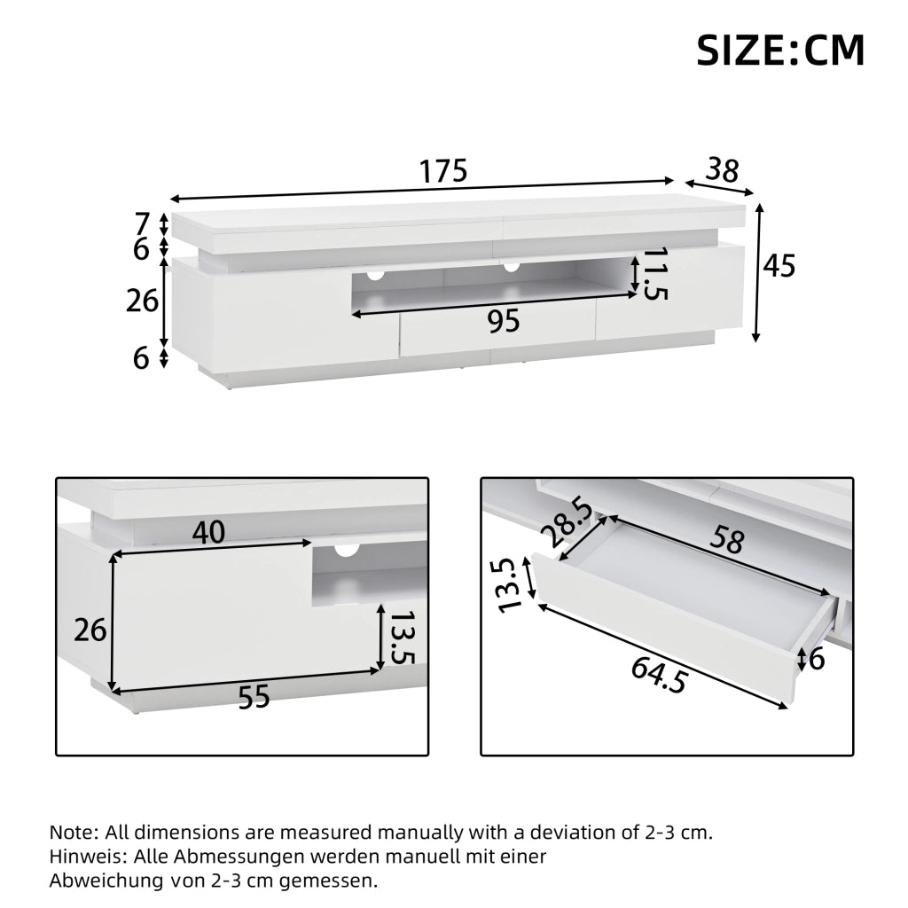 MOBILE TV con LED 175x38x45 cm Bianco lucido con 2 ante e 1 cassetto