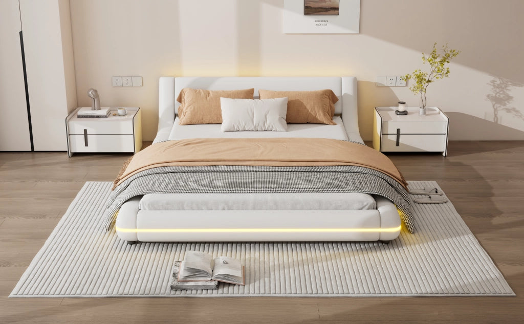 DESMIU Lit basso 140 × 200 cm 2 posti con LED regolabile, senza materasso, in PU e MDF, bianco