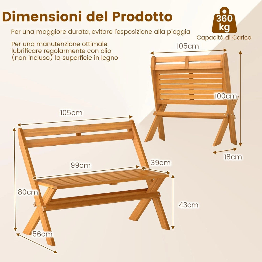 Panchina Pieghevole da Esterno, Panca da Giardino in Legno di Acacia per 2 Persone con Capacità di 360 kg, Panca da Esterno per Veranda, Balcone, Cortile e Parco