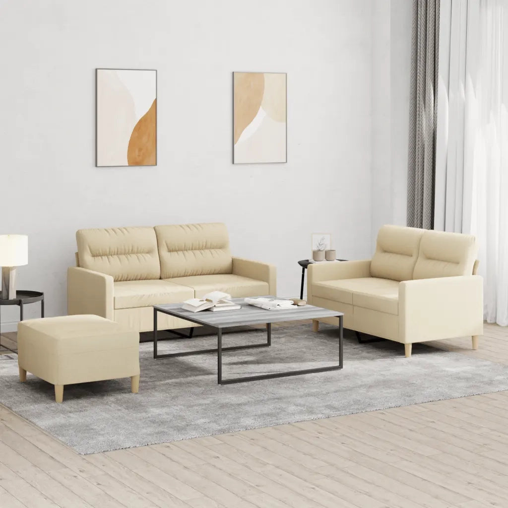 Set di Divani 3 pz con Cuscini Crema in Tessuto