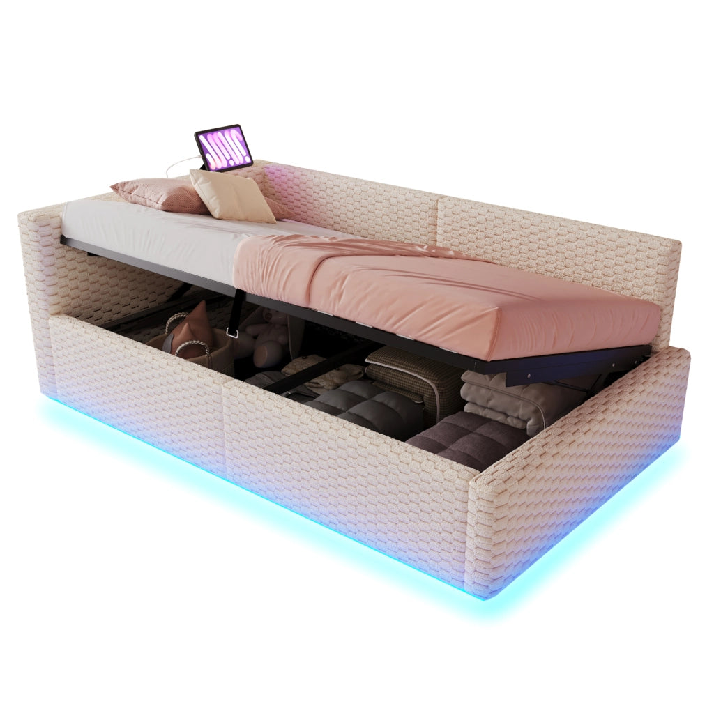 Letto imbottito 90x200 cm con vano contenitore, LED e porte USB/Type-C