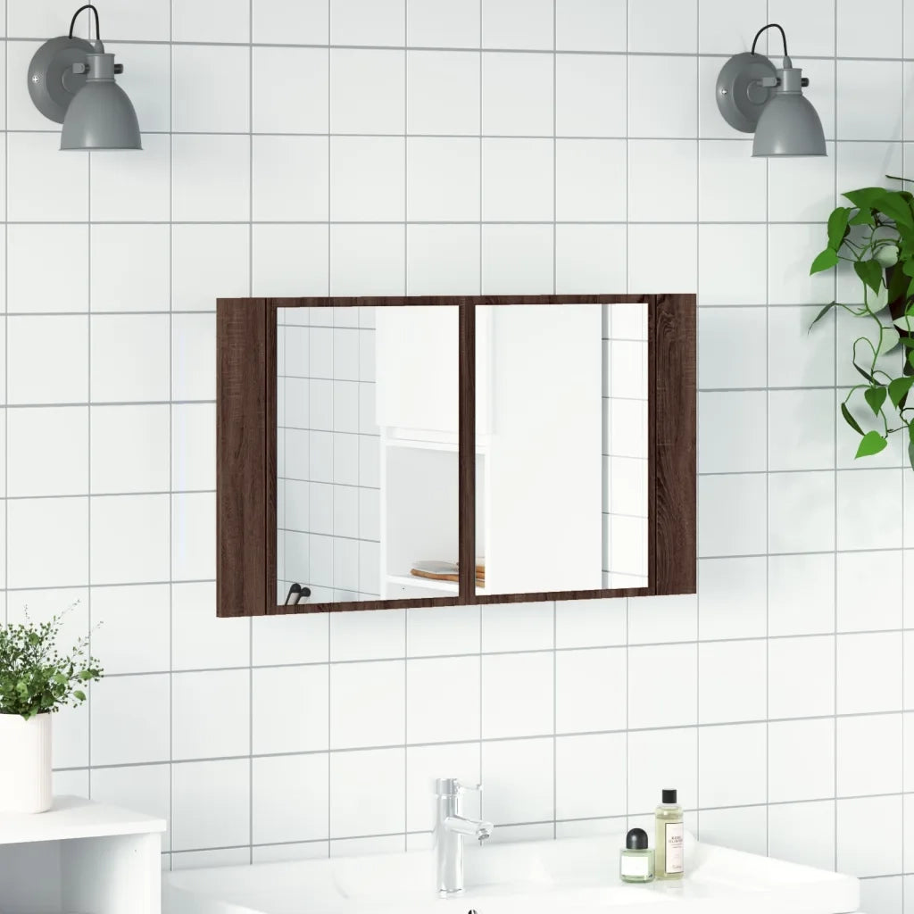 Armadietto Specchio con LED Rovere Marrone 80x12x45cm Acrilicocod mxl 91718