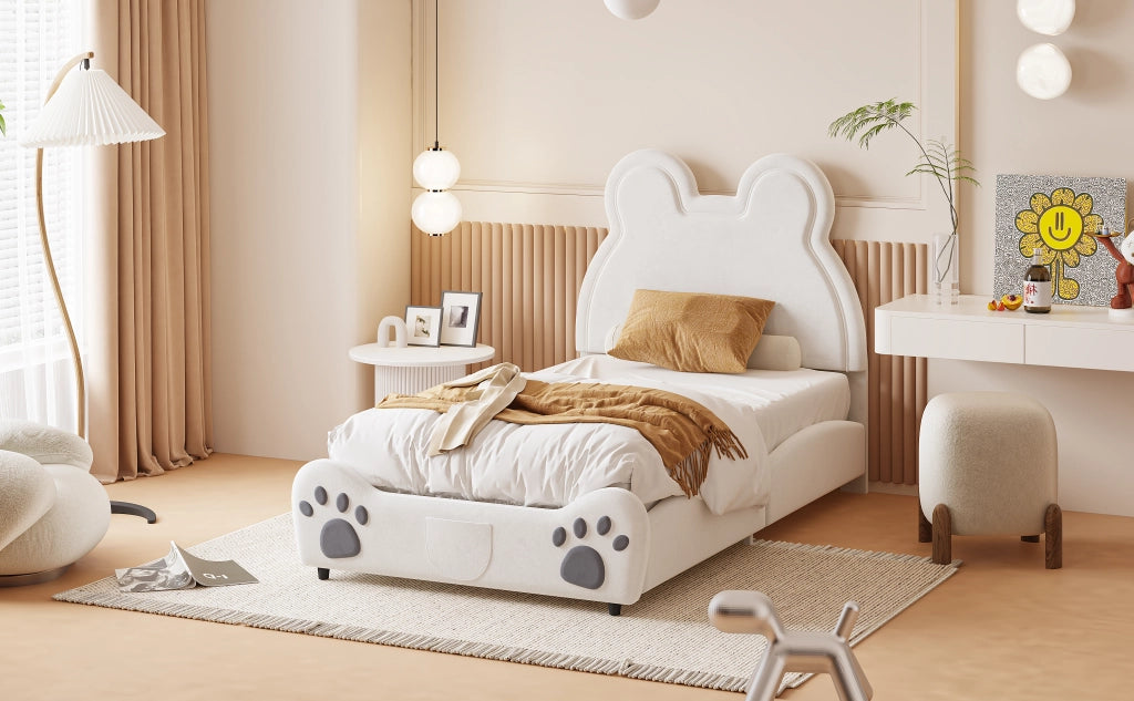 DESMIU Letto per Bambini 1 Posto con Testiera Orso, 90 × 200 cm, Senza Materasso, Bianco