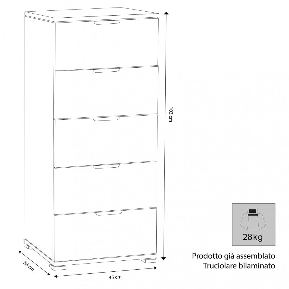 Mobiletto 5 Cassetti Bianca 45x38x103 h cm in Truciolare bilaminato Bianco