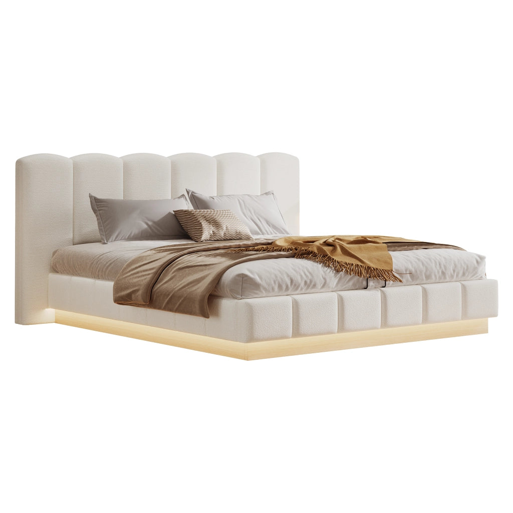 Letto capitonné con illuminazione LED e vano idraulico LEMONMAX; 180x200 cm; testiera imbottita; sommier a doghe; bianco