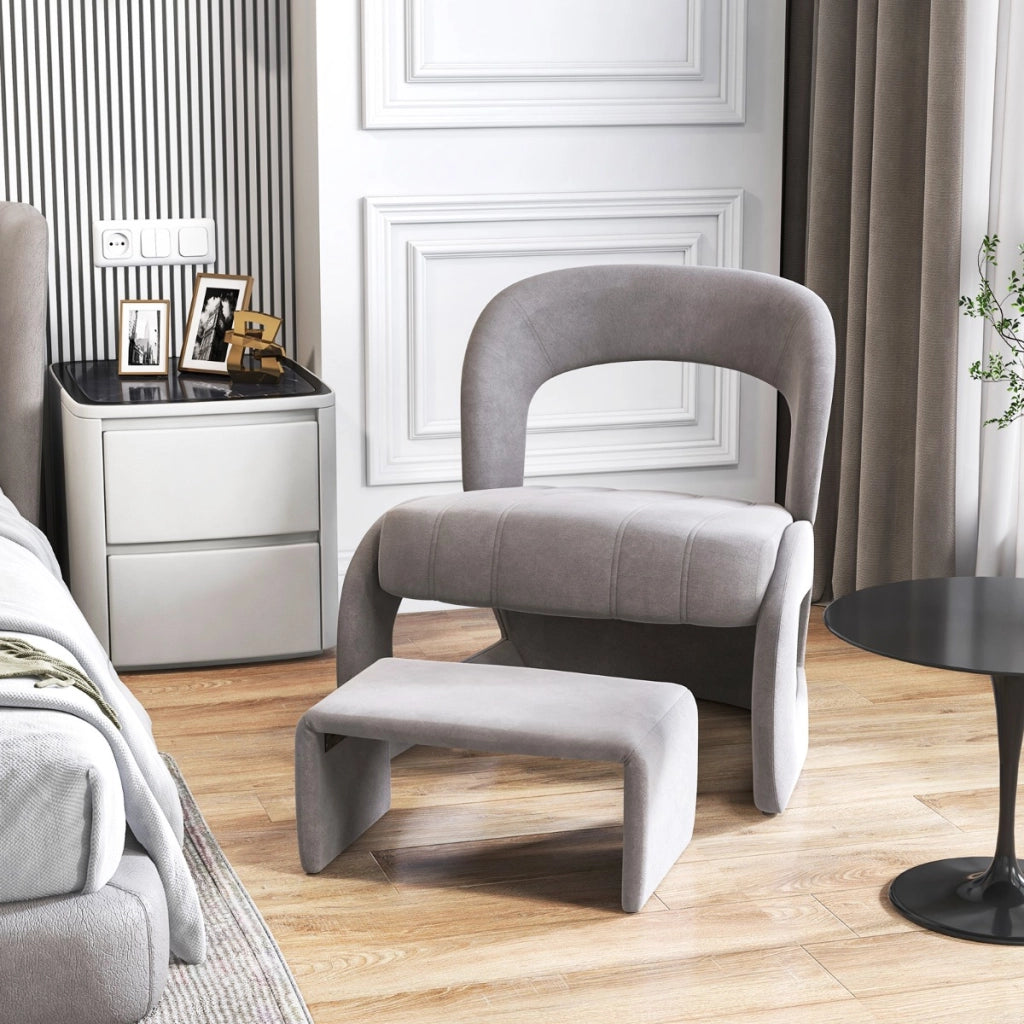 Poltrona con pouf schienale curvo aperto e seduta imbottita in spugna, Set di poltrona e pouf rivestiti in velluto Grigio-Sedie e poltrone