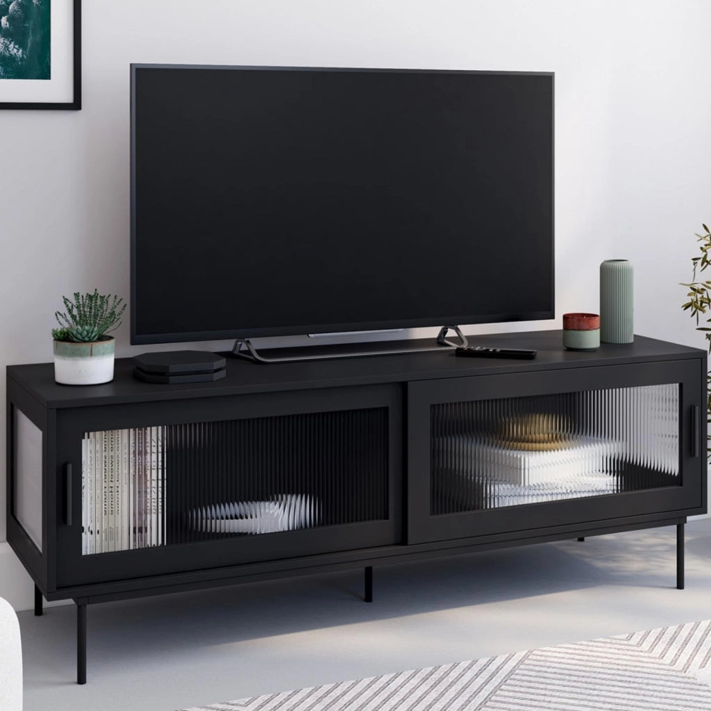 Mobile TV ZINEB 140 cm, 2 ante scorrevoli in vetro, frontale nero scanalato