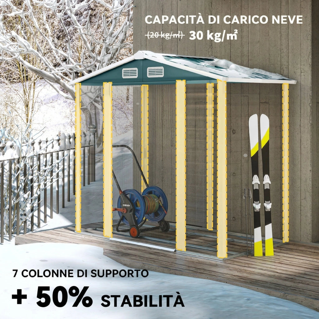 Casetta Box da Giardino 210x120x190 cm con Porte Scorrevoli e Lucchetto con Chiavi in Metallo Verde