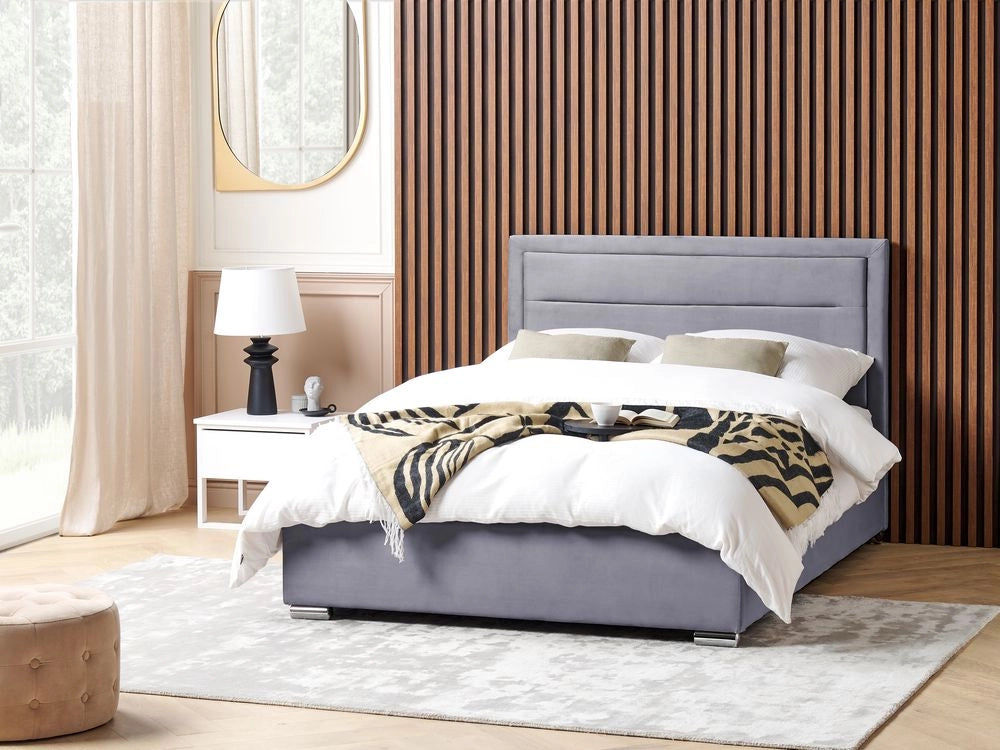 Letto matrimoniale in velluto con contenitore grigio scuro 140 x 200 cm design moderno imbottito con testiera ottomana