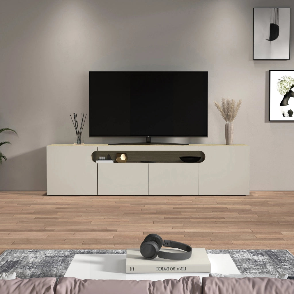 WHOUS Mobile porta TV Real con 4 ante e 1 vano aperto cashmere e rovere chiaro 240x40x60 cm