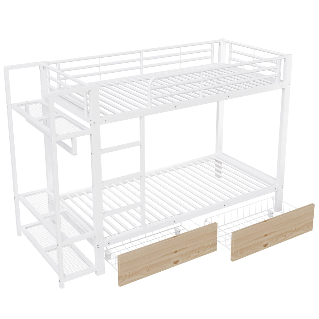 Letto a castello - Zephmum - 90x200 cm - Bianco - Telaio in ferro, 2 cassetti, ripiani, LED, appendiabiti