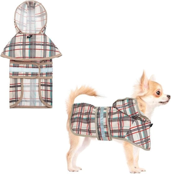 Reggiservigioiello per cani con cappuccio e apertura per la cintura, reggiservigioiello per cani piccoli e medi, impermeabile con strisce riflettenti, reggiservigioiello regolabile e respirante per cuccioli, colore beige S